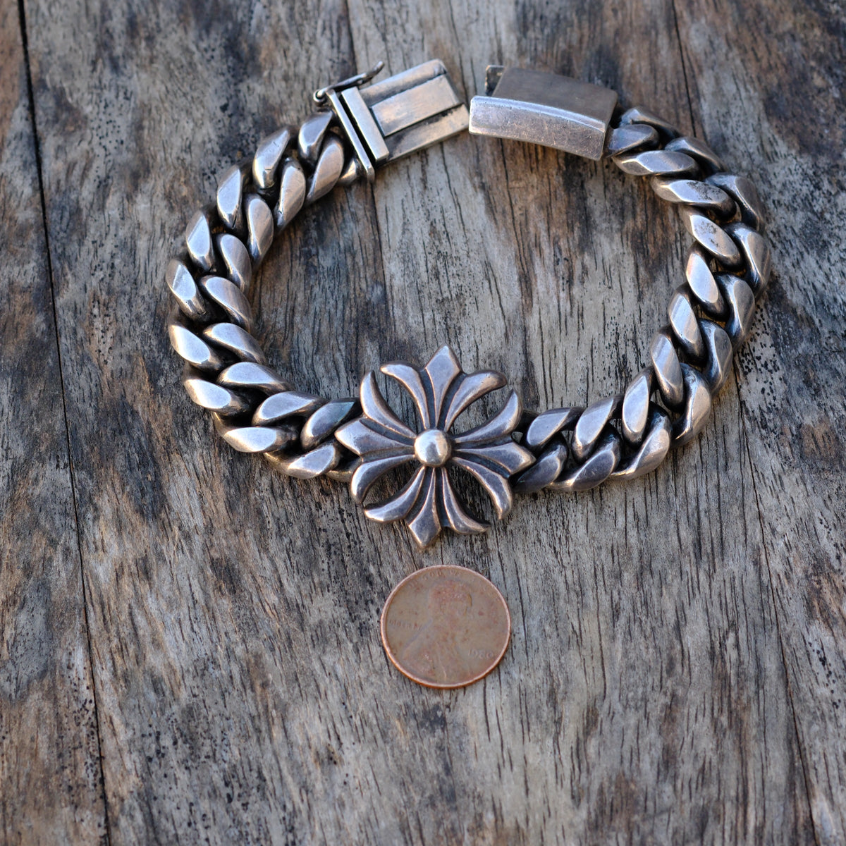 HEAVY Vintage Sterling Silver Curb Chain Cross Bracelet 8" 99.6 Grams