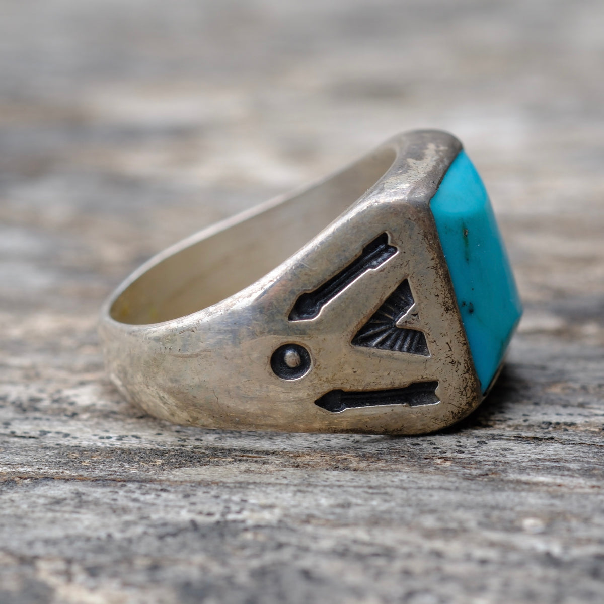 Vintage Sterling Trading Post Turquoise Stamped Arrows Ring 8.5