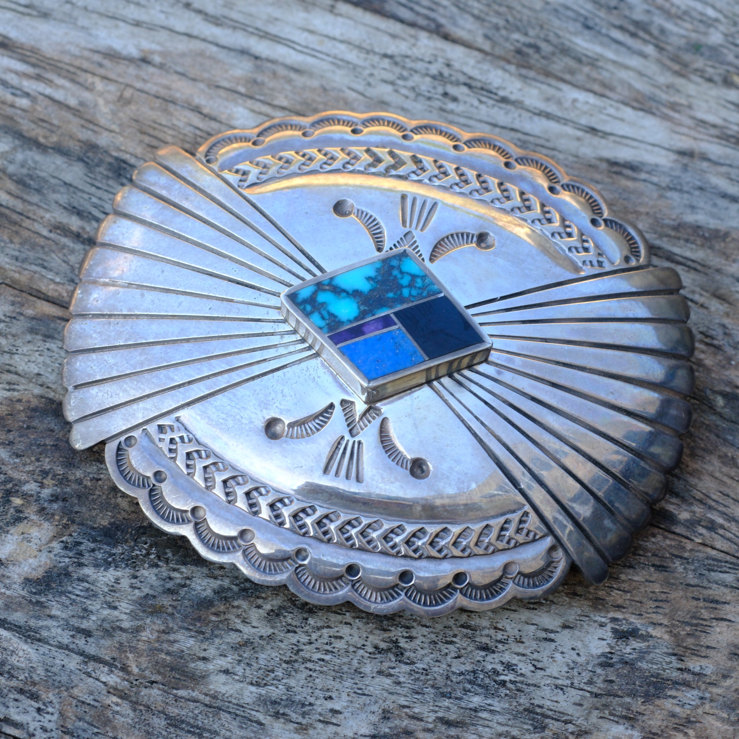 Vintage Sterling Multi Stone Inlay Stamped Belt Buckle