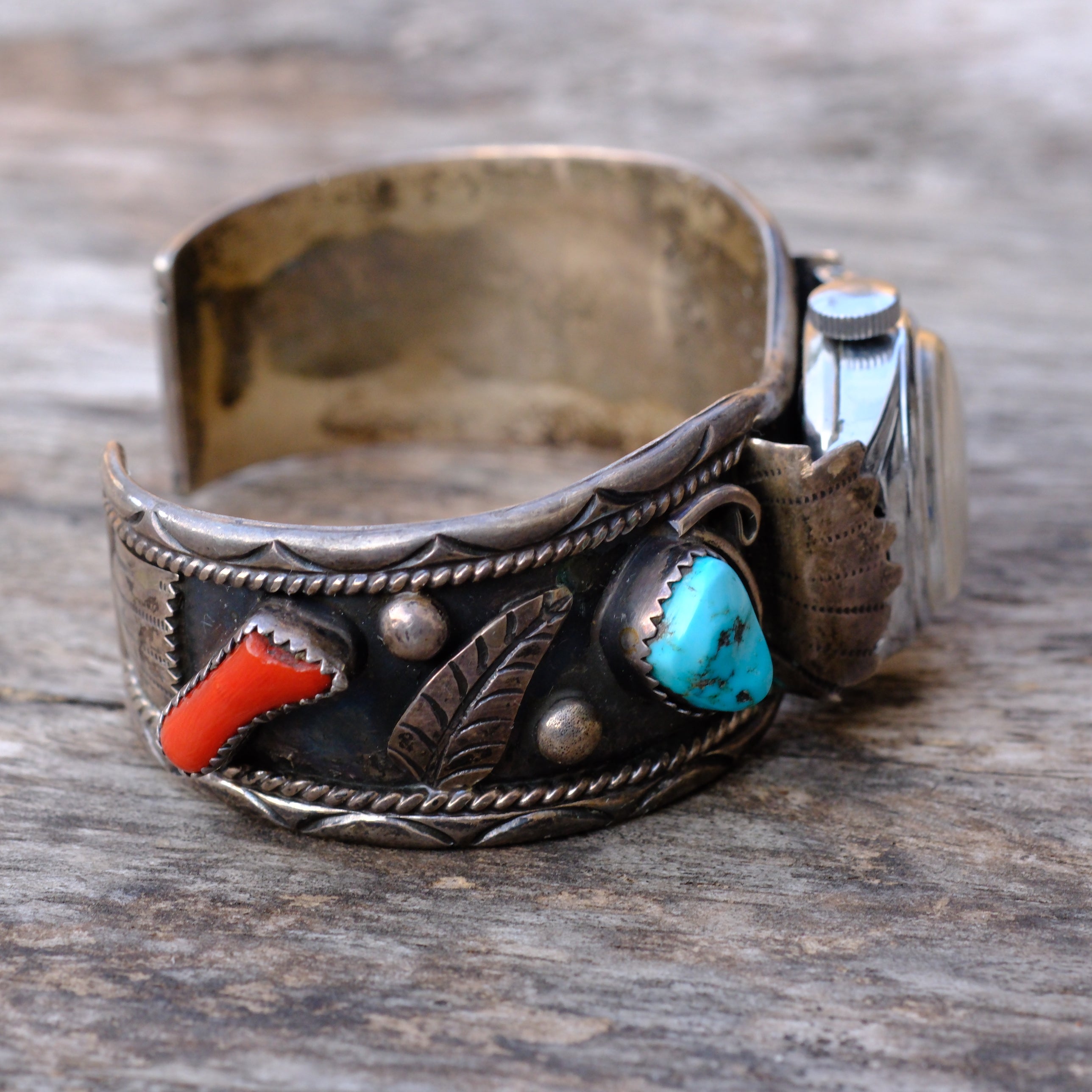 Vintage Sterling Turquoise and Coral Cuff Watch Cuff Bracelet
