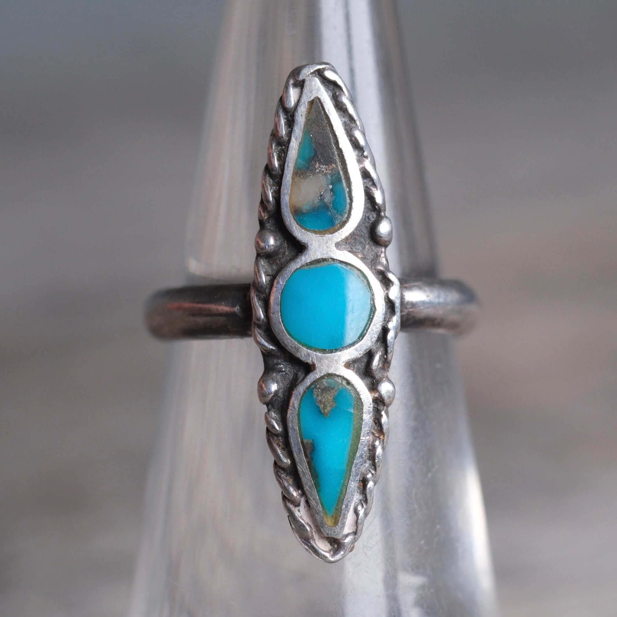 Vintage Sterling Turquoise Inlay Roper Ring 5