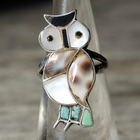 Vintage Sterling Multi Stone Inlay Owl Ring 5.5