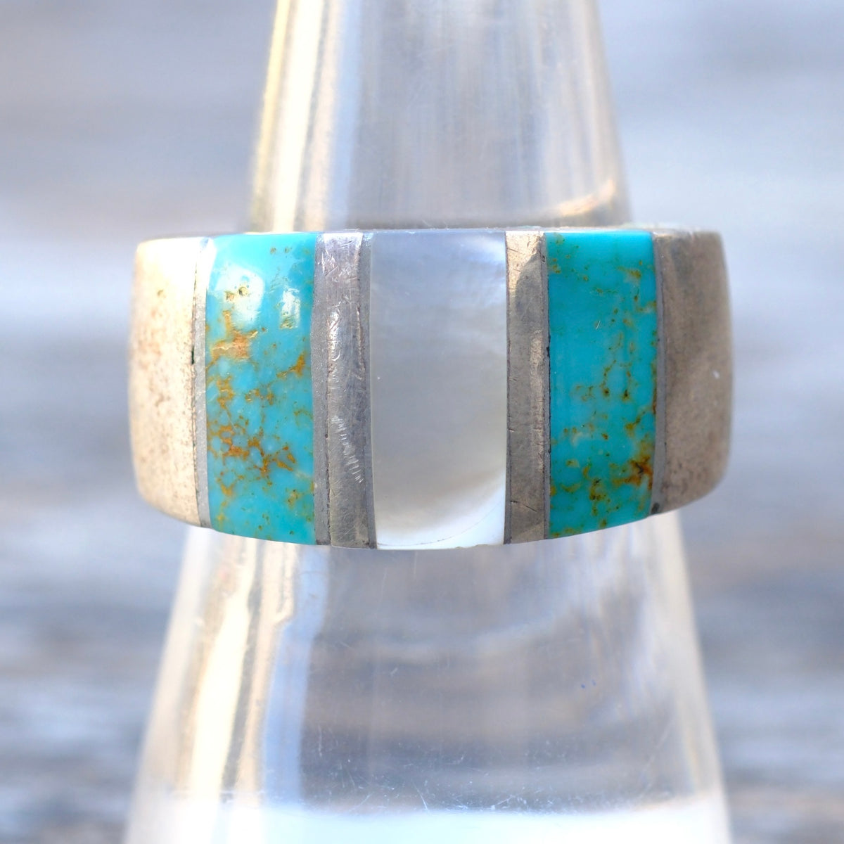 Vintage Sterling Turquoise and Mother Of Pearl Inlay Wide Band 8.5