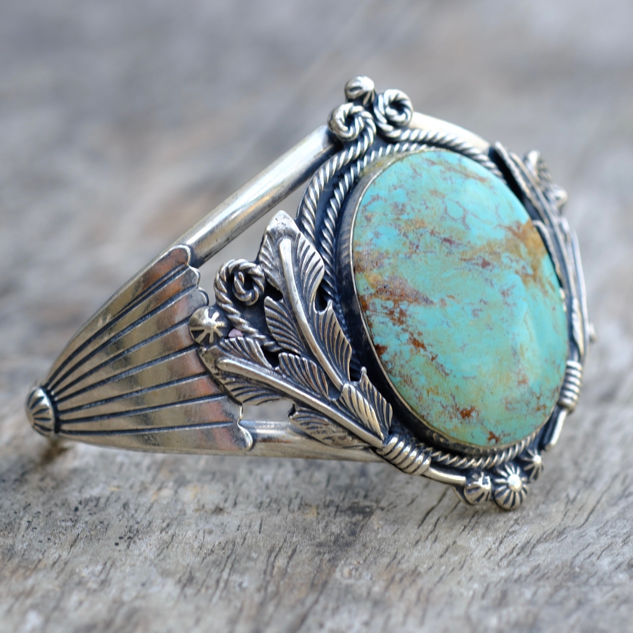 Vintage Sterling Turquoise Feather Cuff Bracelet