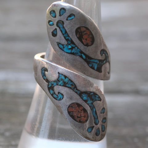 Vintage Sterling Turquoise and Coral Overpass Ring 6.75