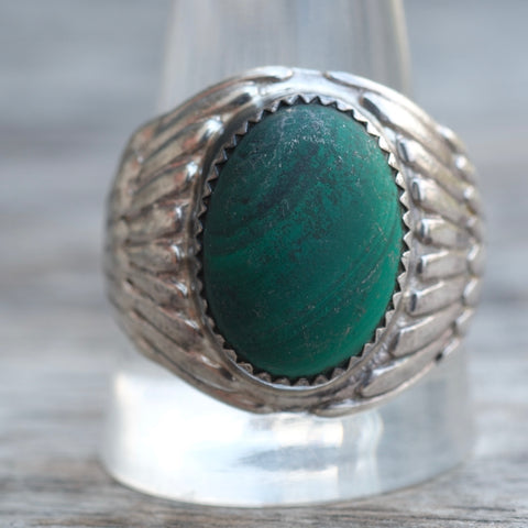 Vintage Sterling Malachite Ribbed Band Ring 12.5
