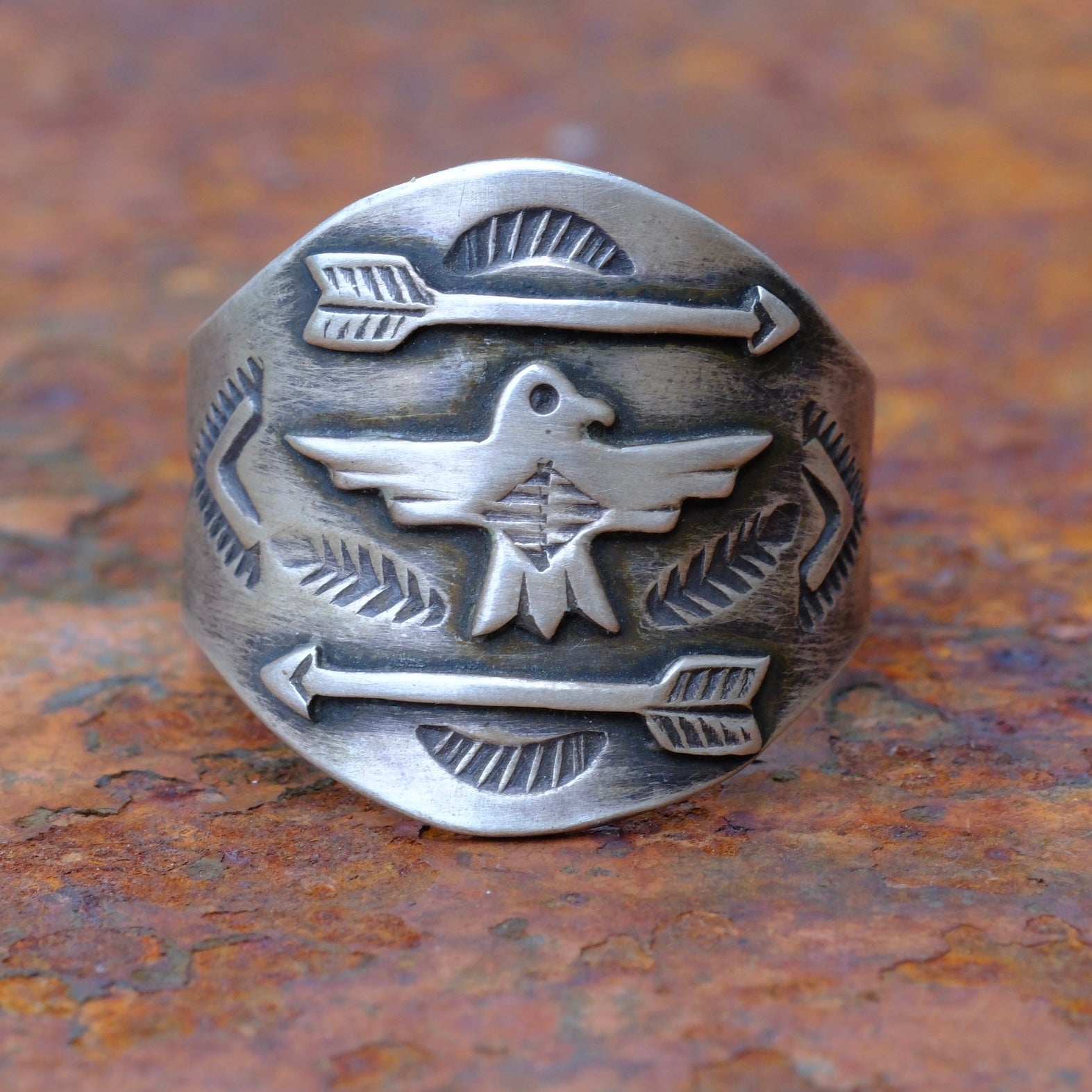 Vintage Sterling Thunderbird Cigar Band Ring 9.75