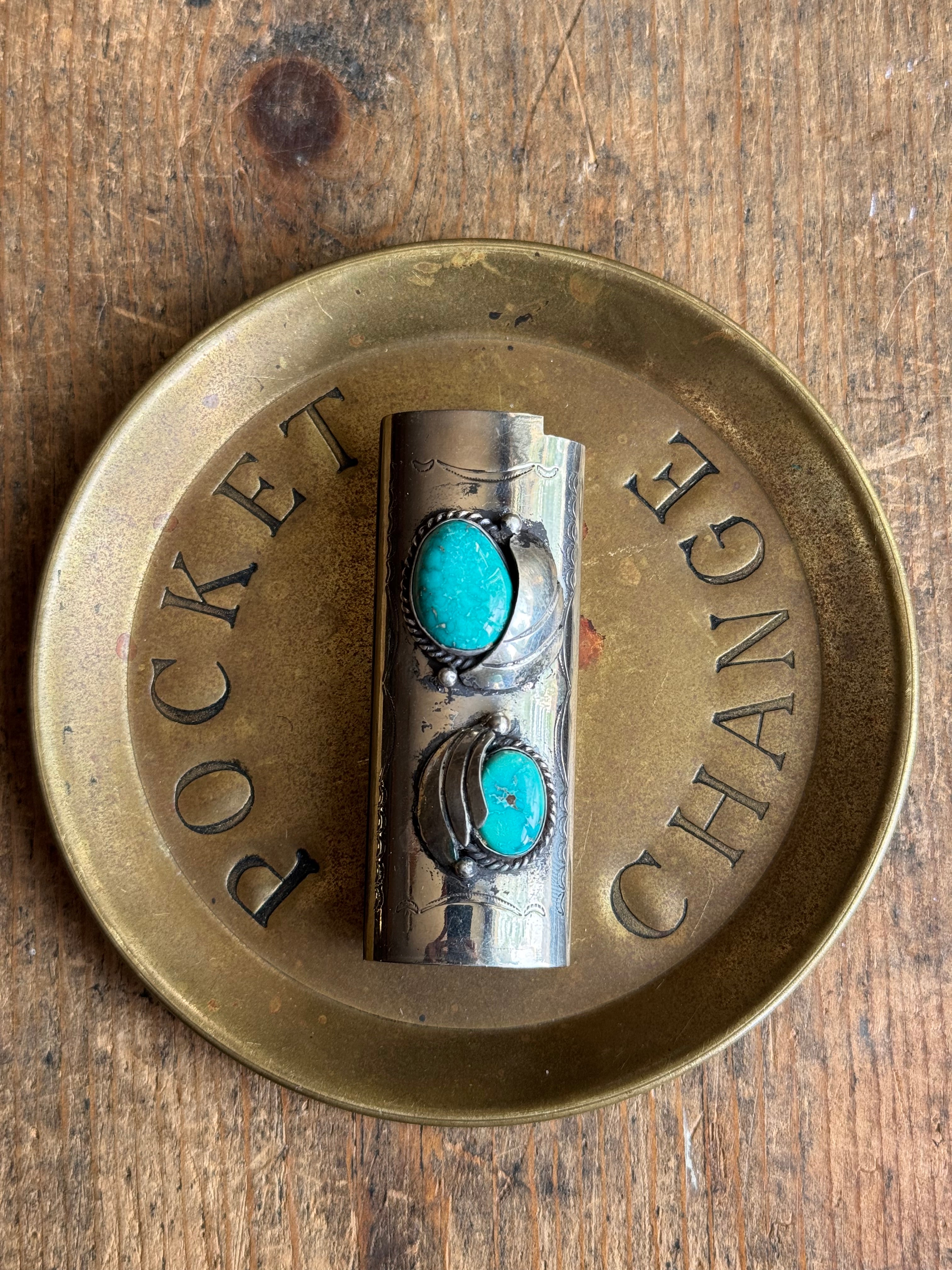 Vintage Stamped Nickel & Sterling Silver Turquoise Lighter Case