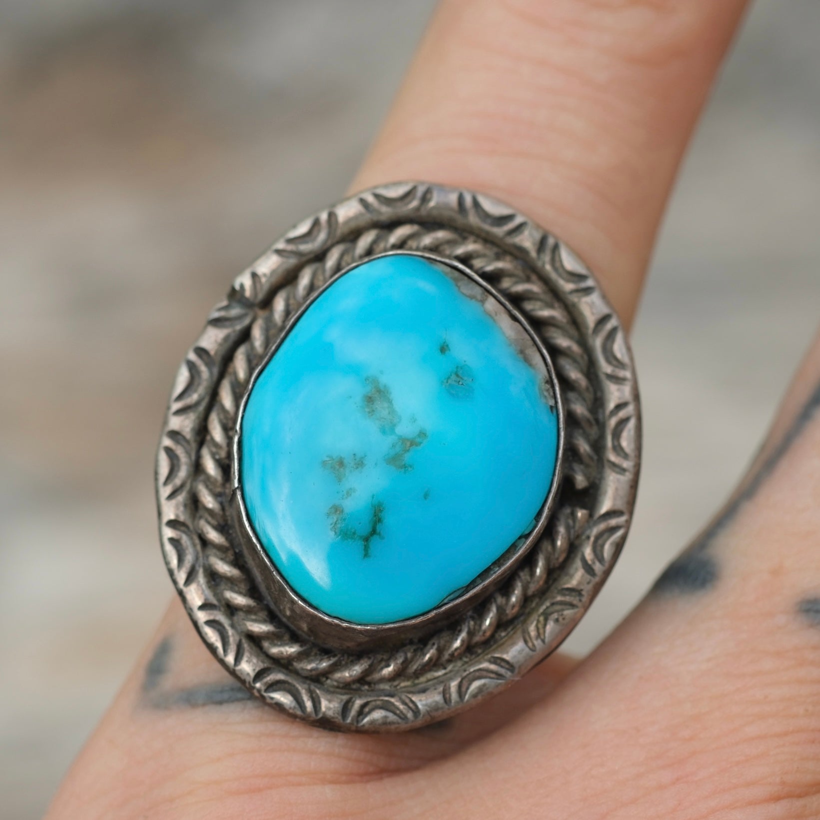 Vintage Sterling Turquoise Roper Ring 5.5