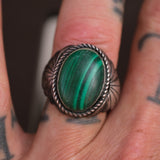 Vintage Sterling Malachite Ribbed Band Ring 10.25