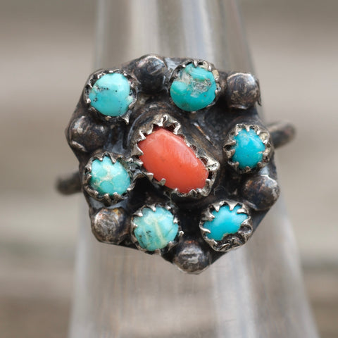 Vintage Sterling Turquoise and Coral Cluster Ring 7.25
