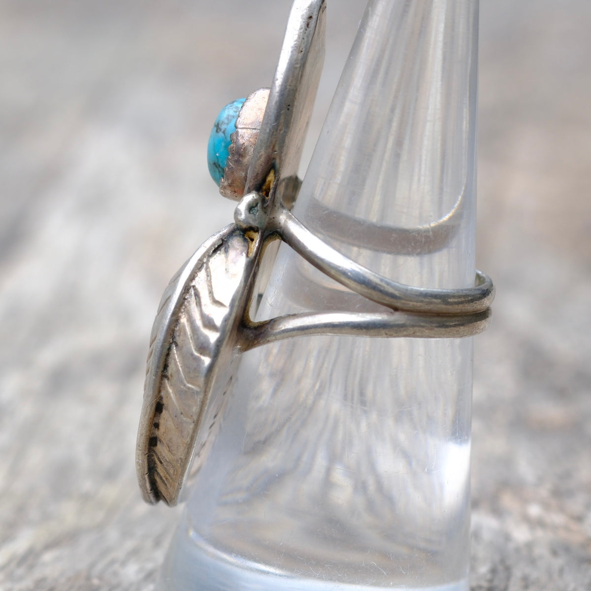 Vintage Sterling Turquoise and Coral Feather Ring 6.5