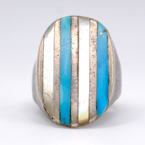 Vintage Sterling Turquoise and Mother Of Pearl Inlay Striper Ring 7.5