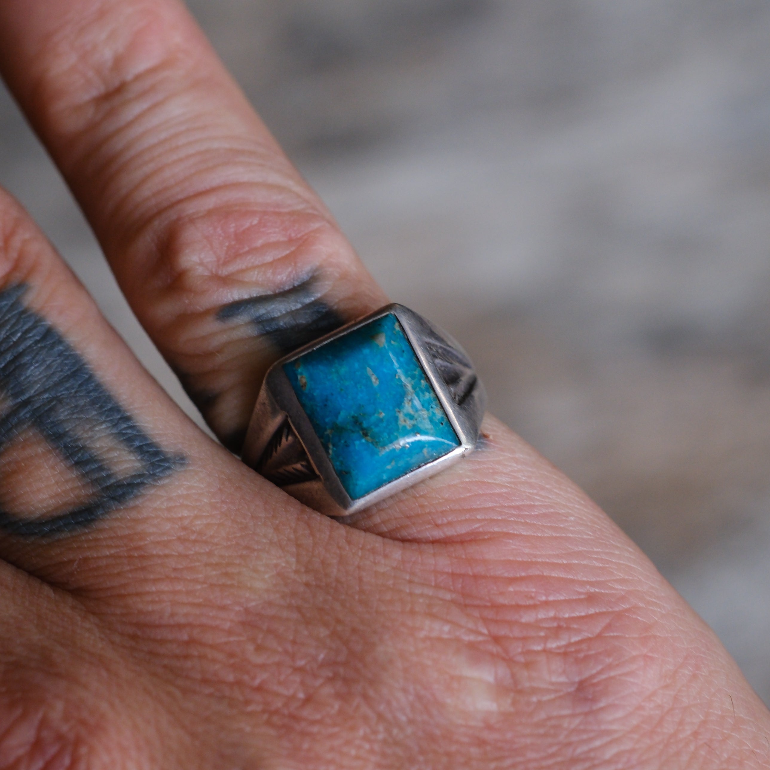Vintage Sterling Turquoise Stamped Band Ring 7.75