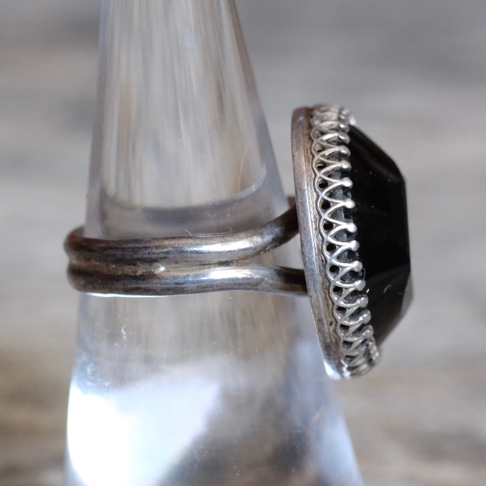Vintage Sterling Faceted Onyx Ring 6.5