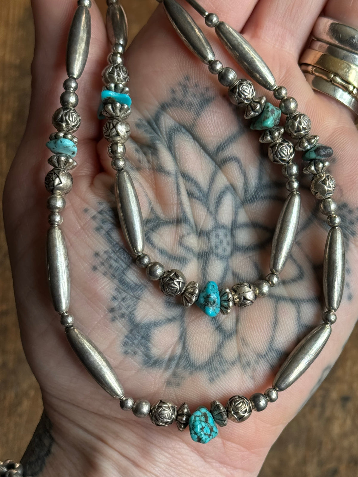 Vintage Raw Turquoise & Sterling Silver Double Strand Liquid Silver Beaded Necklace