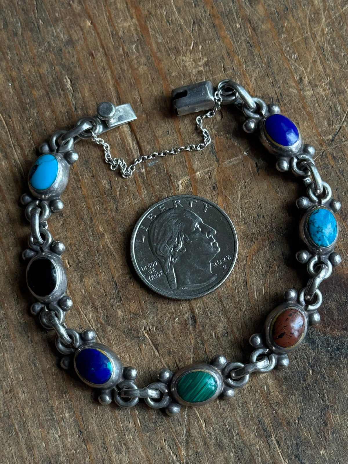 Vintage Sterling Silver Multistone Inlay Bracelet