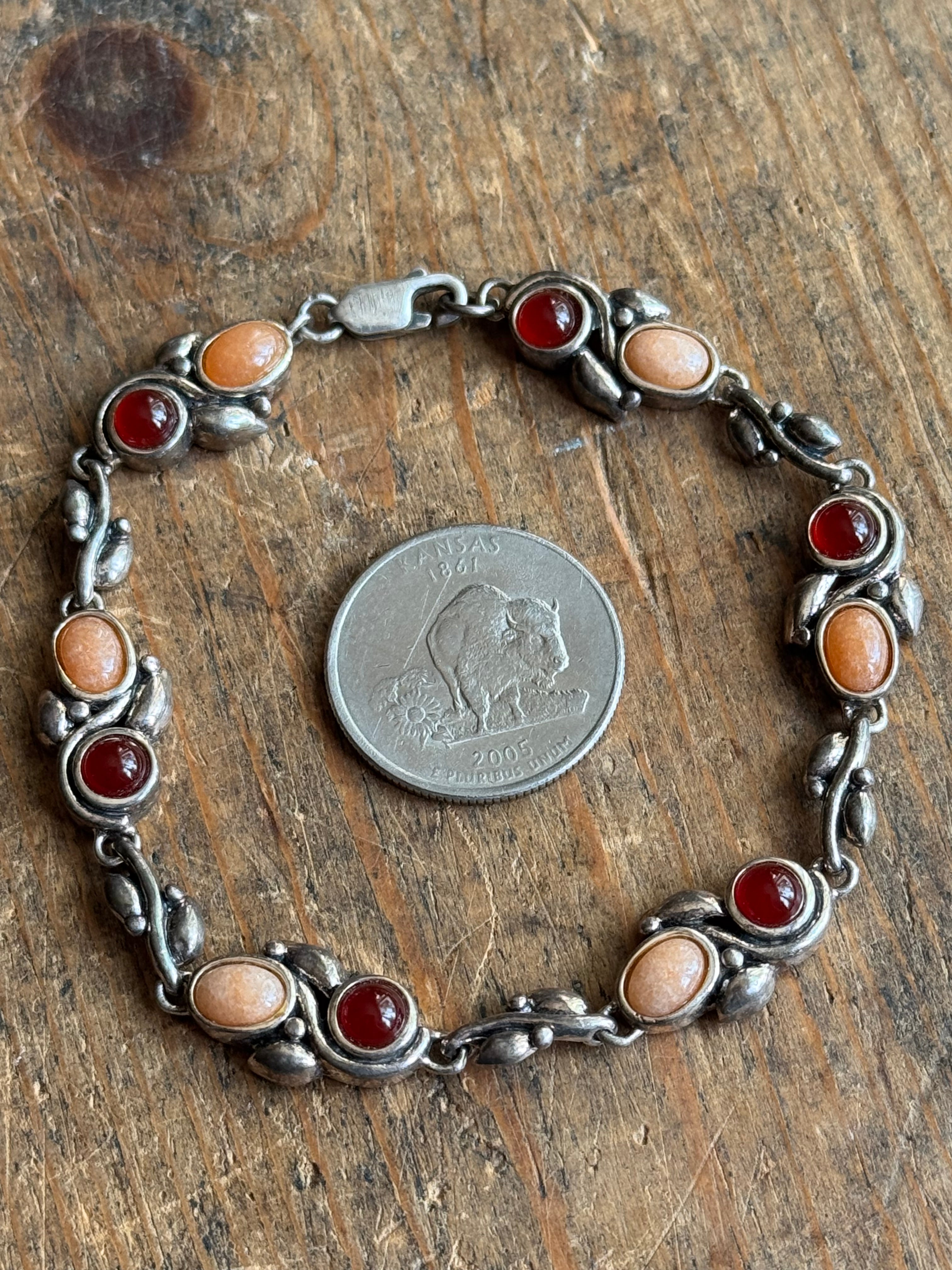 Vintage Sterling Silver 8.25” Carnelian Flower Link Bracelet