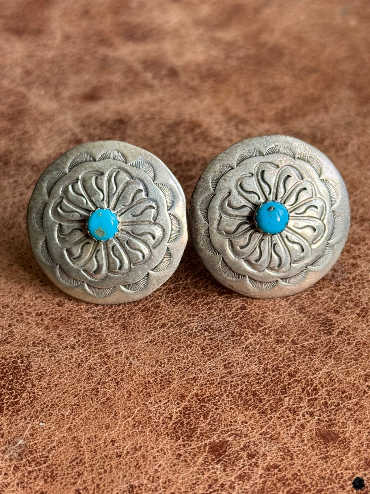 Vintage Sterling Silver Stamped Turquoise Concho Cufflinks