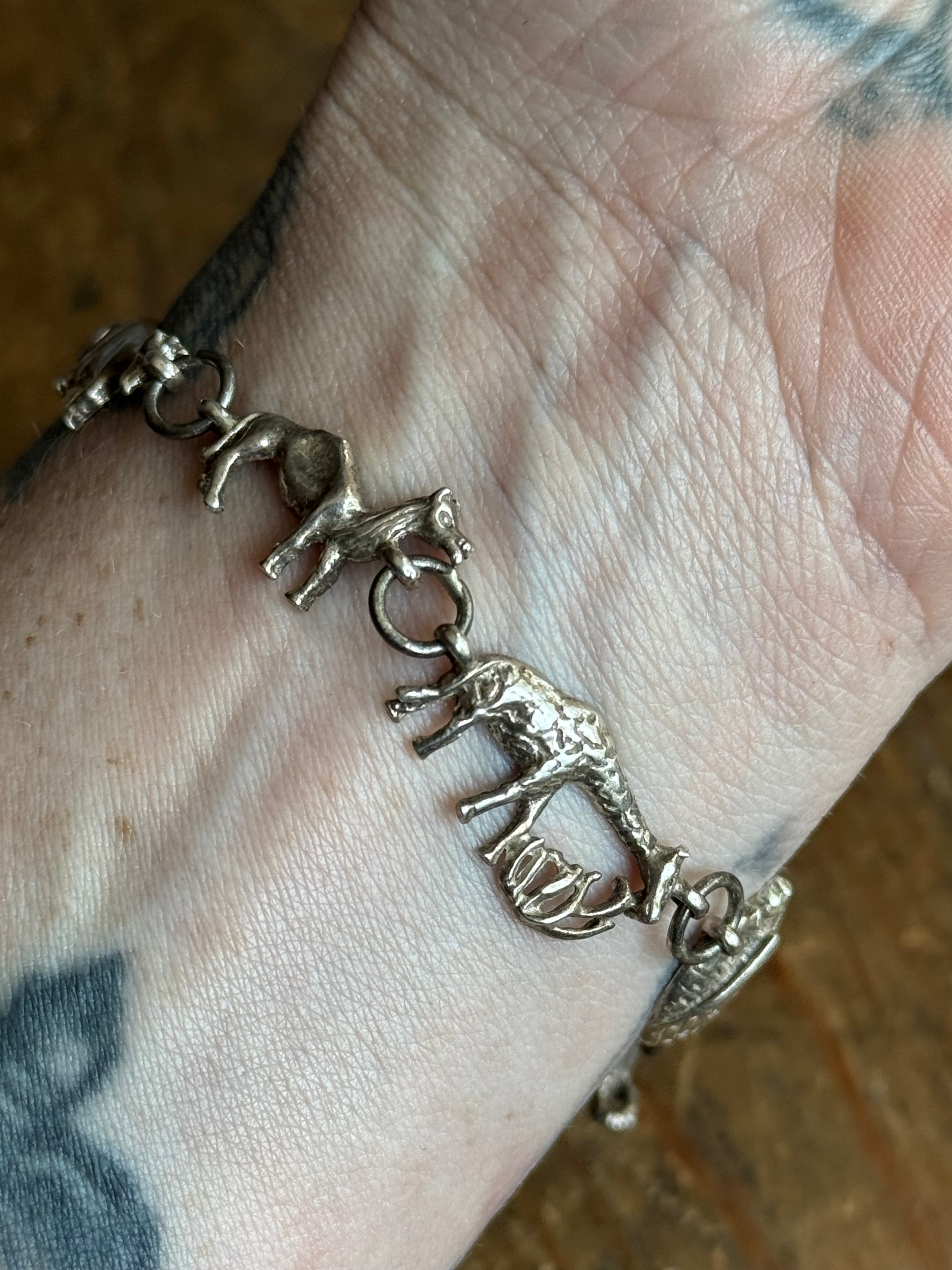 Vintage Sterling Silver 7.5” Noah’s Ark Animal Link Bracelet