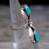 Vintage Sterling 2-Stone Turquoise Feather Ring 4.5