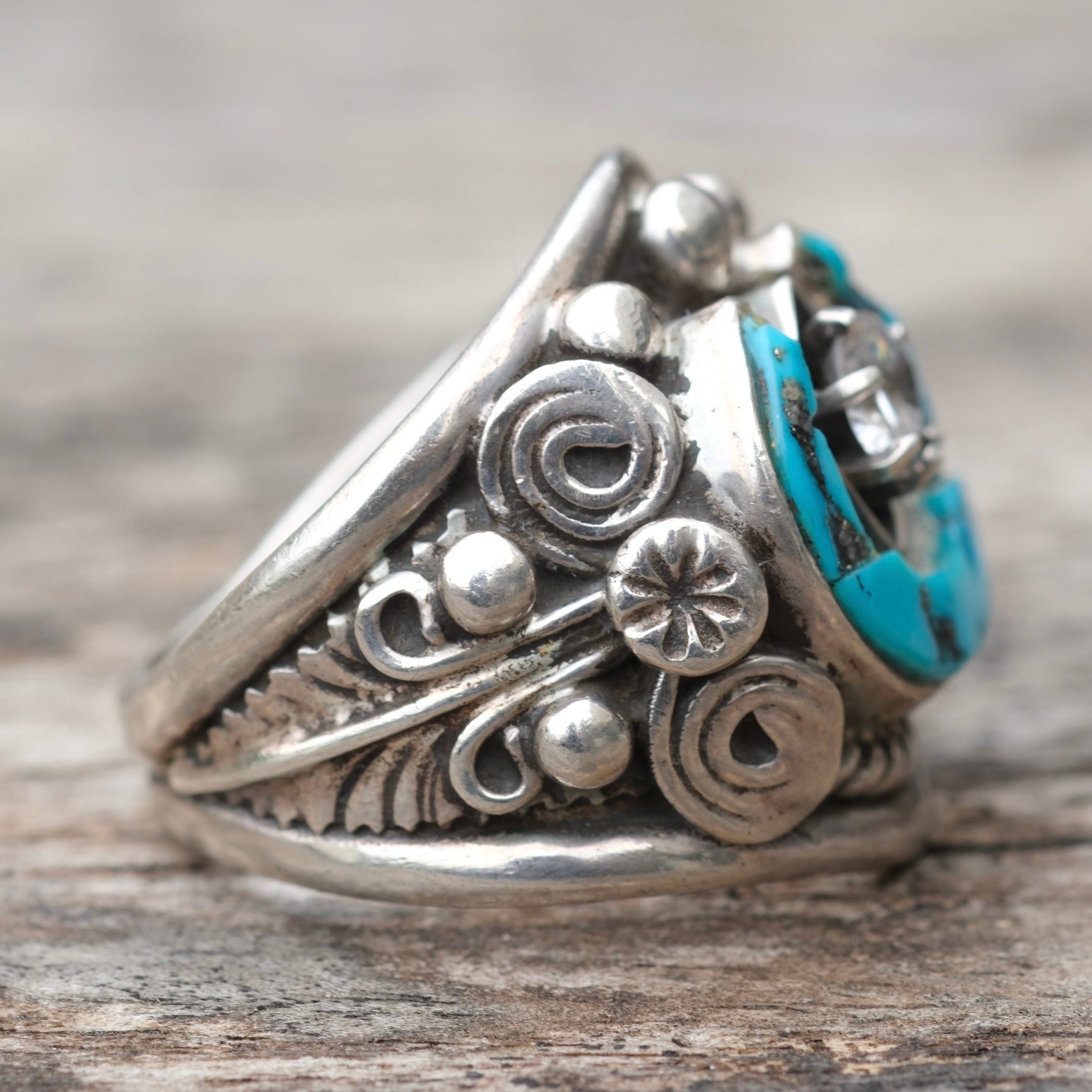 Vintage Sterling Lucky Horseshoe Turquoise Cz Ring 8.75
