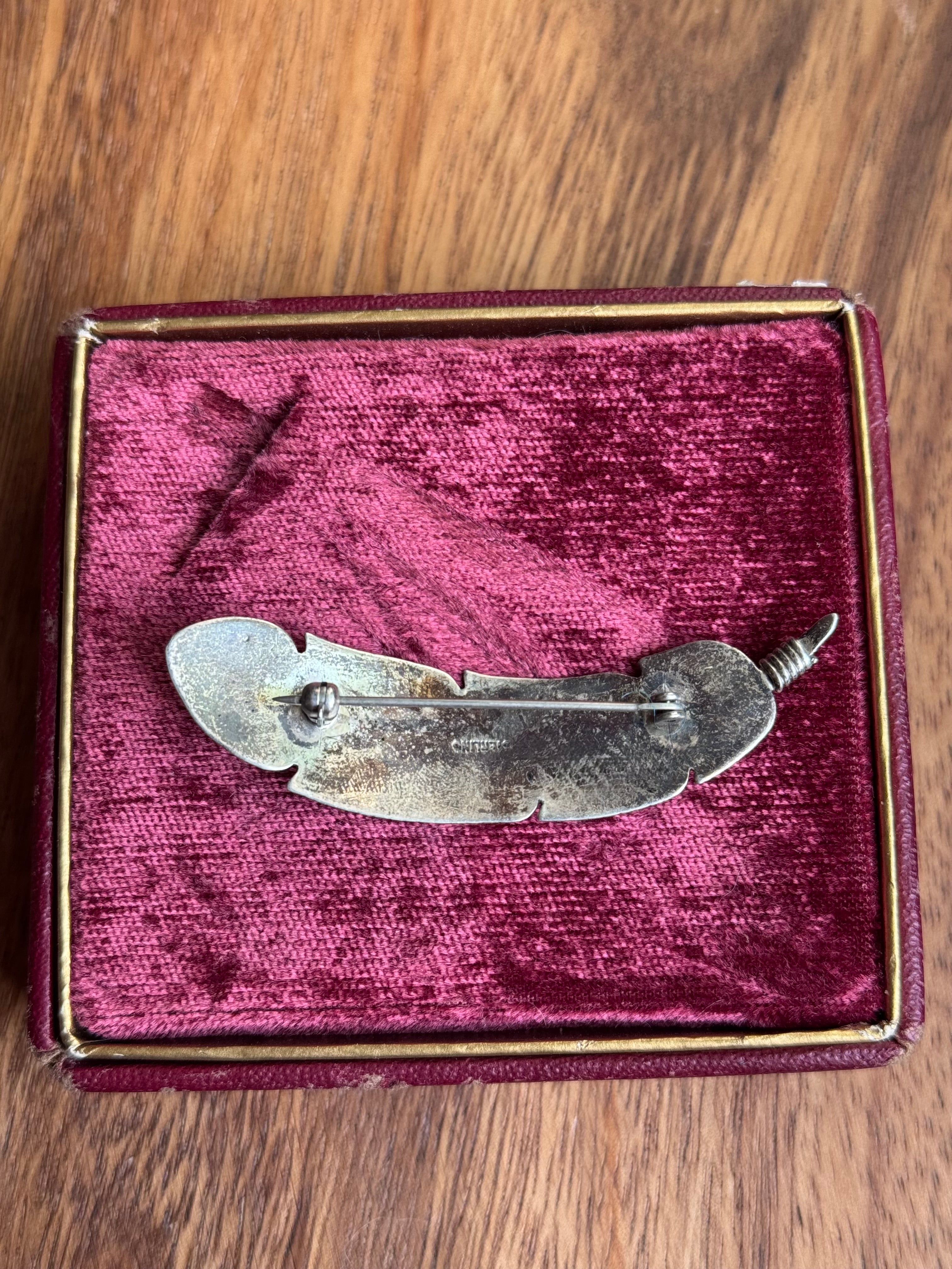 Vintage Sterling Silver Turquoise Feather Pin