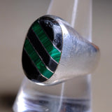 Vintage Sterling Onyx and Malachite Inlay Striper Ring 10