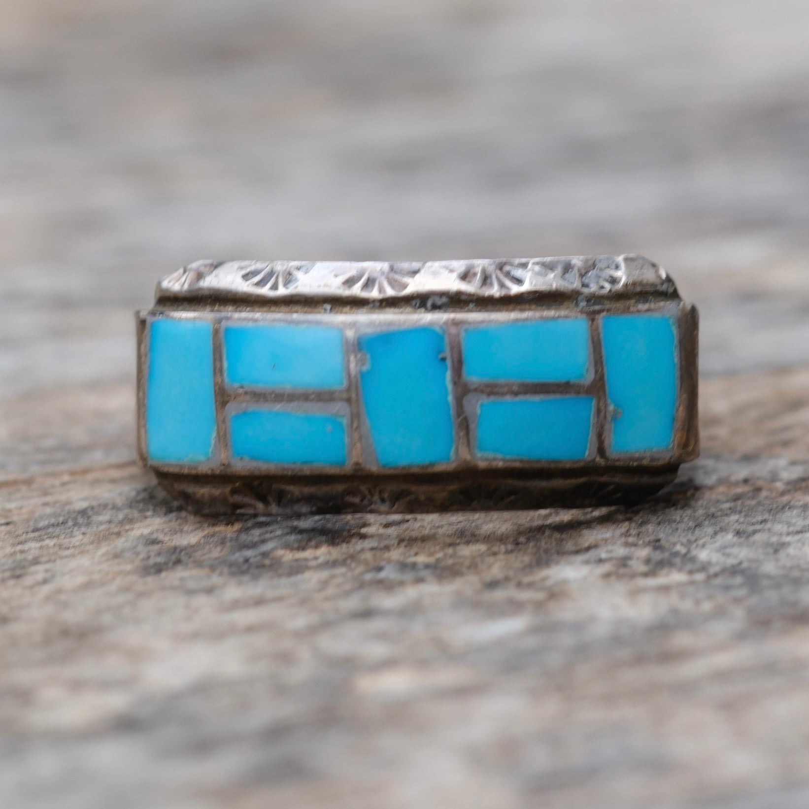 Vintage Sterling Turquoise Inlay Band Ring 9.75