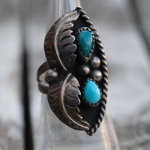 Vintage Sterling Turquoise Feather Ring 6.75