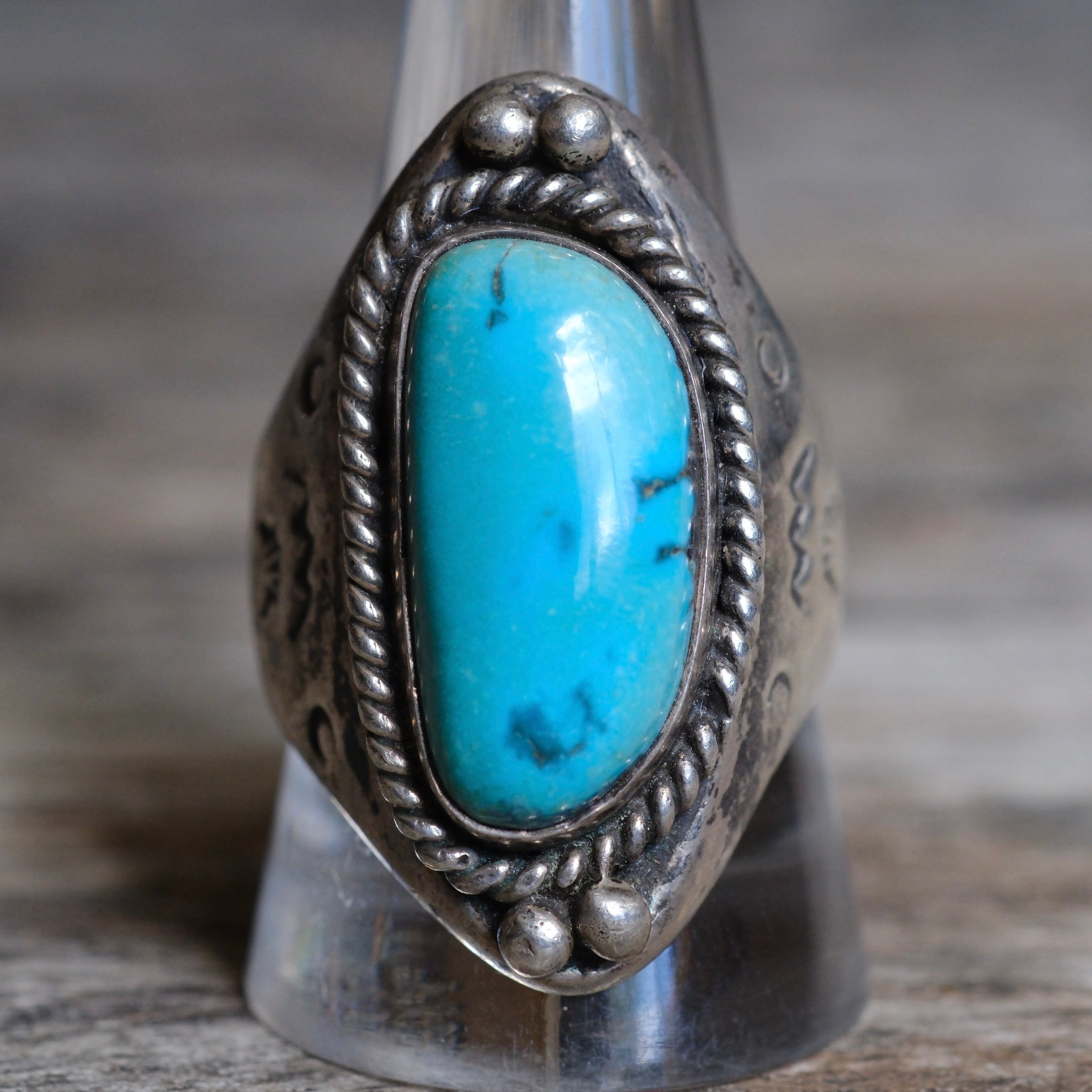Vintage Sterling Turquoise Stamped Band Ring 10.75