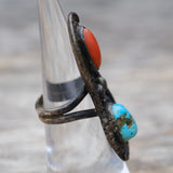 Vintage Sterling Turquoise and Coral Roper Ring 5.25