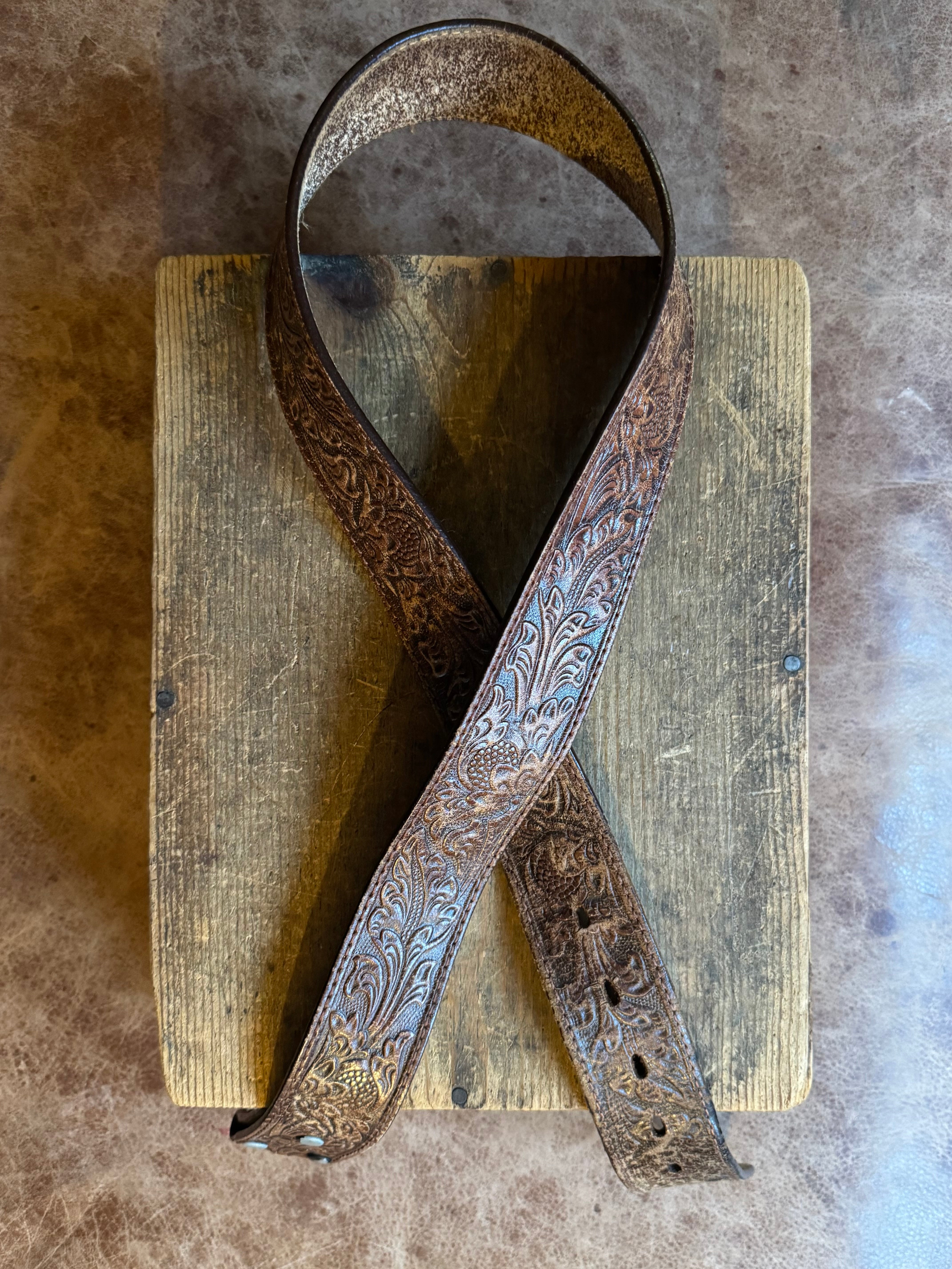 Vintage Cognac Leaf Tooled Leather Belt