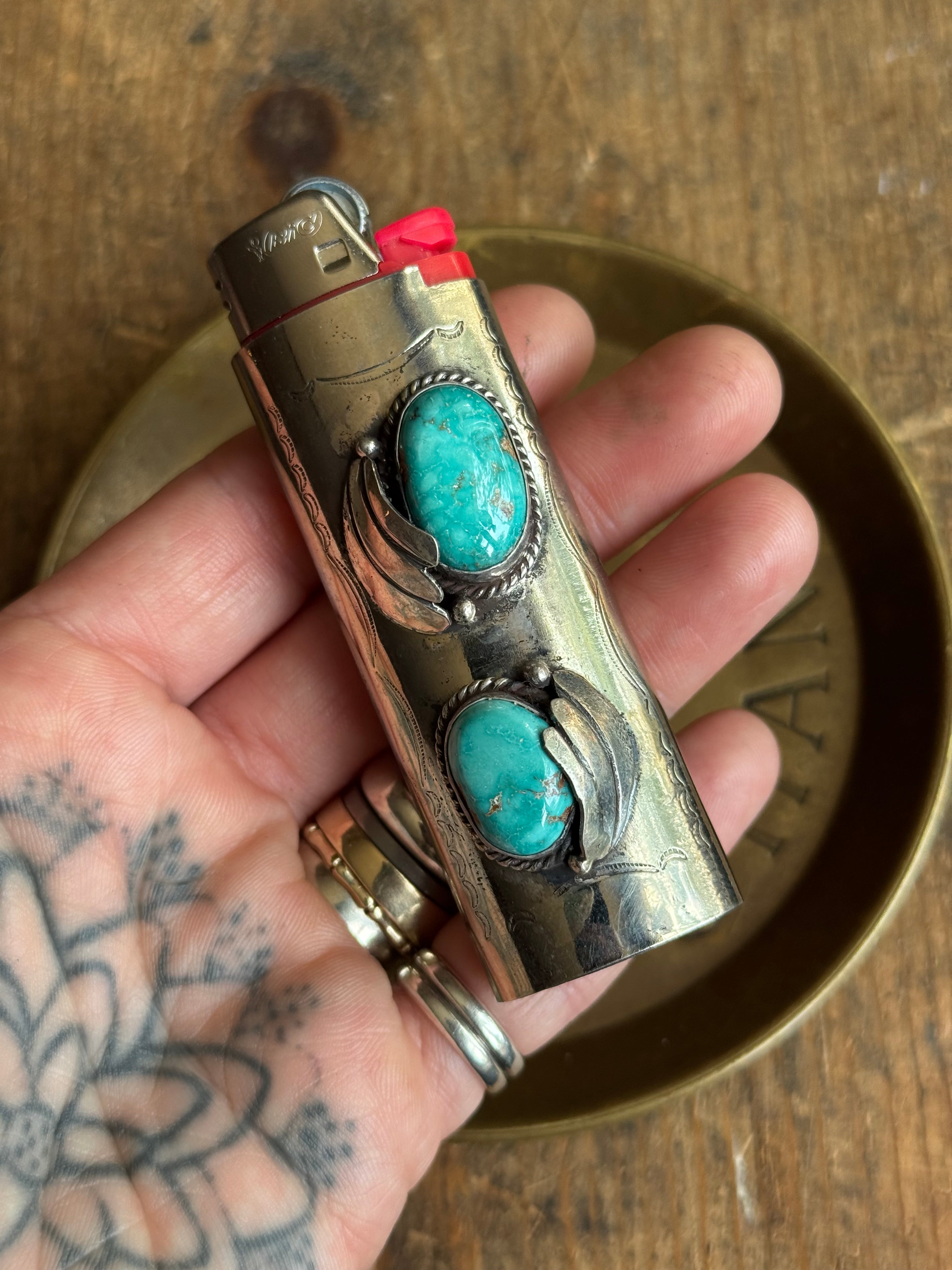 Vintage Stamped Nickel & Sterling Silver Turquoise Lighter Case