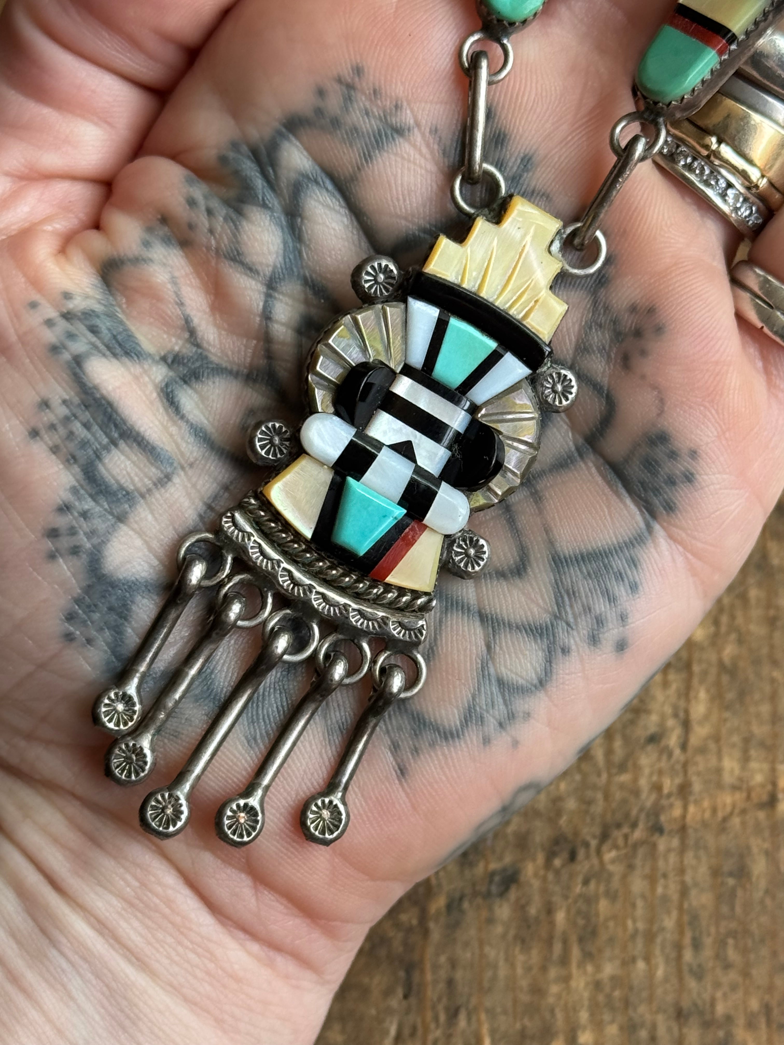Vintage Sterling Silver Multistone Inlay DEWA Zuni Necklace