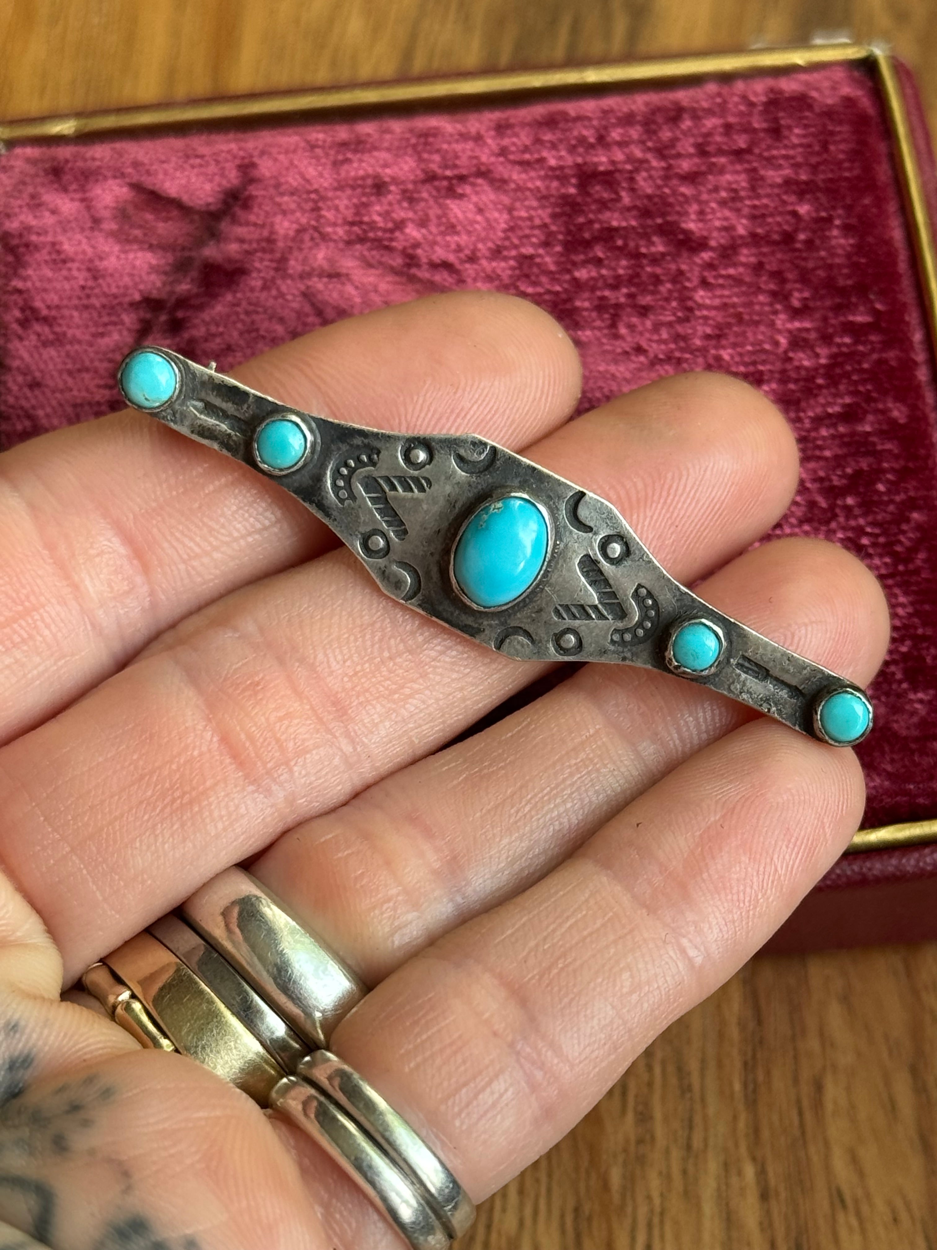 Vintage Sterling Silver Turquoise Stamped Pin