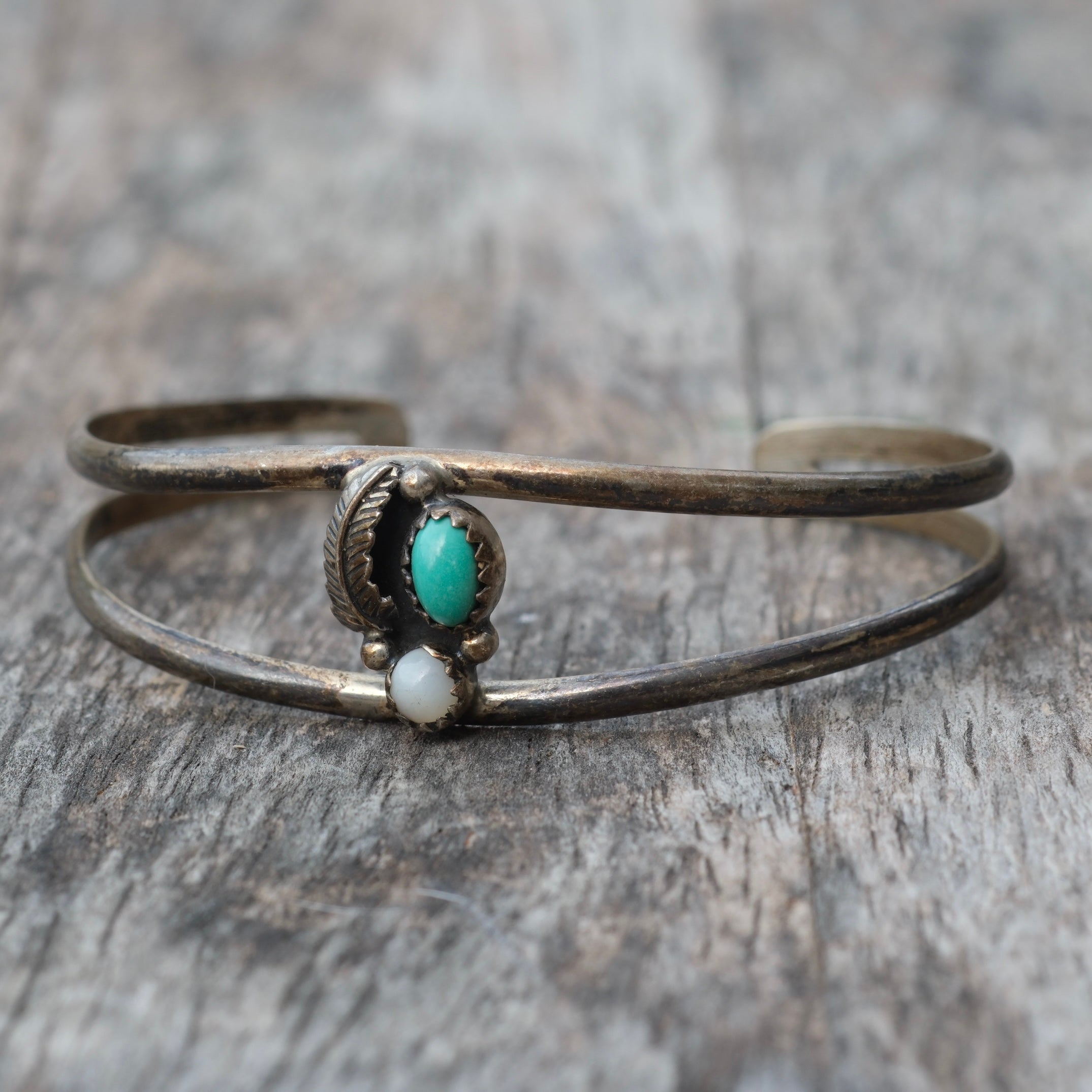 Vintage Sterling Turquoise and Mother Of Pearl Feather Cuff Bracelet