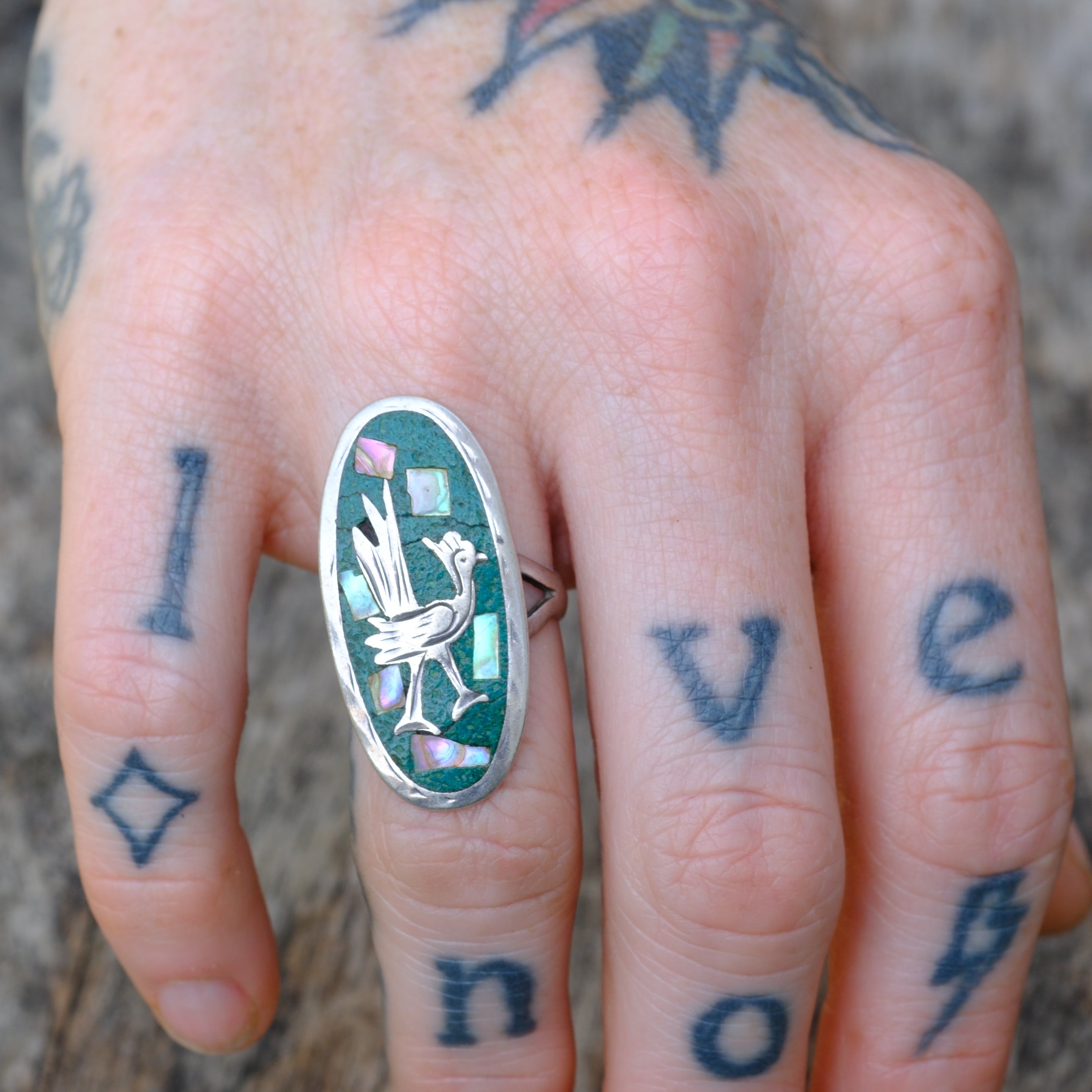Vintage Sterling Turquoise and Abalone Roadrunner Ring 5