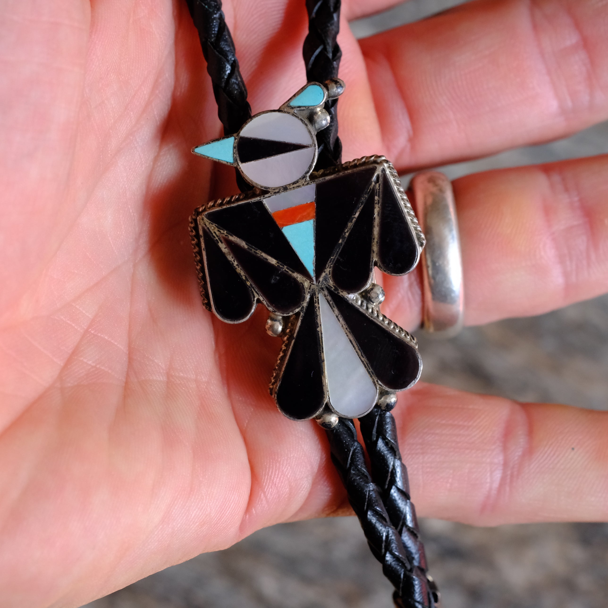 Vintage Sterling Multi Stone Inlay Thunderbird Bolo Tie