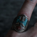 Vintage Sterling Crushed Turquoise and Coral Inlay Thunderbird Ring 8.25