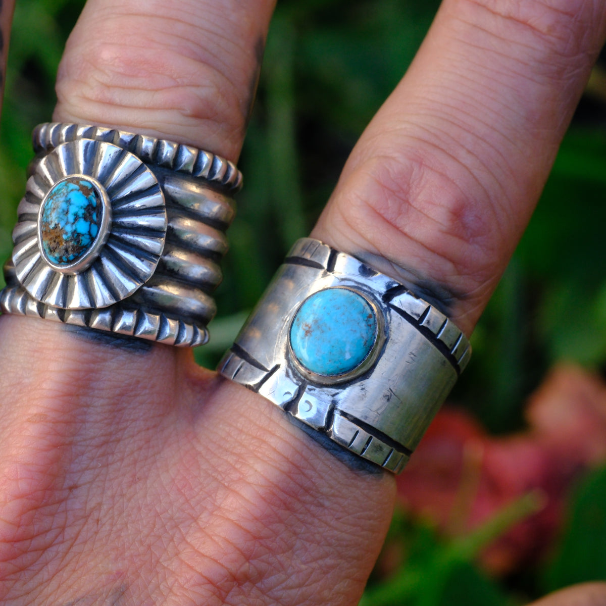 Sterling Silver Bisbee Turquoise Stamped Ring 11