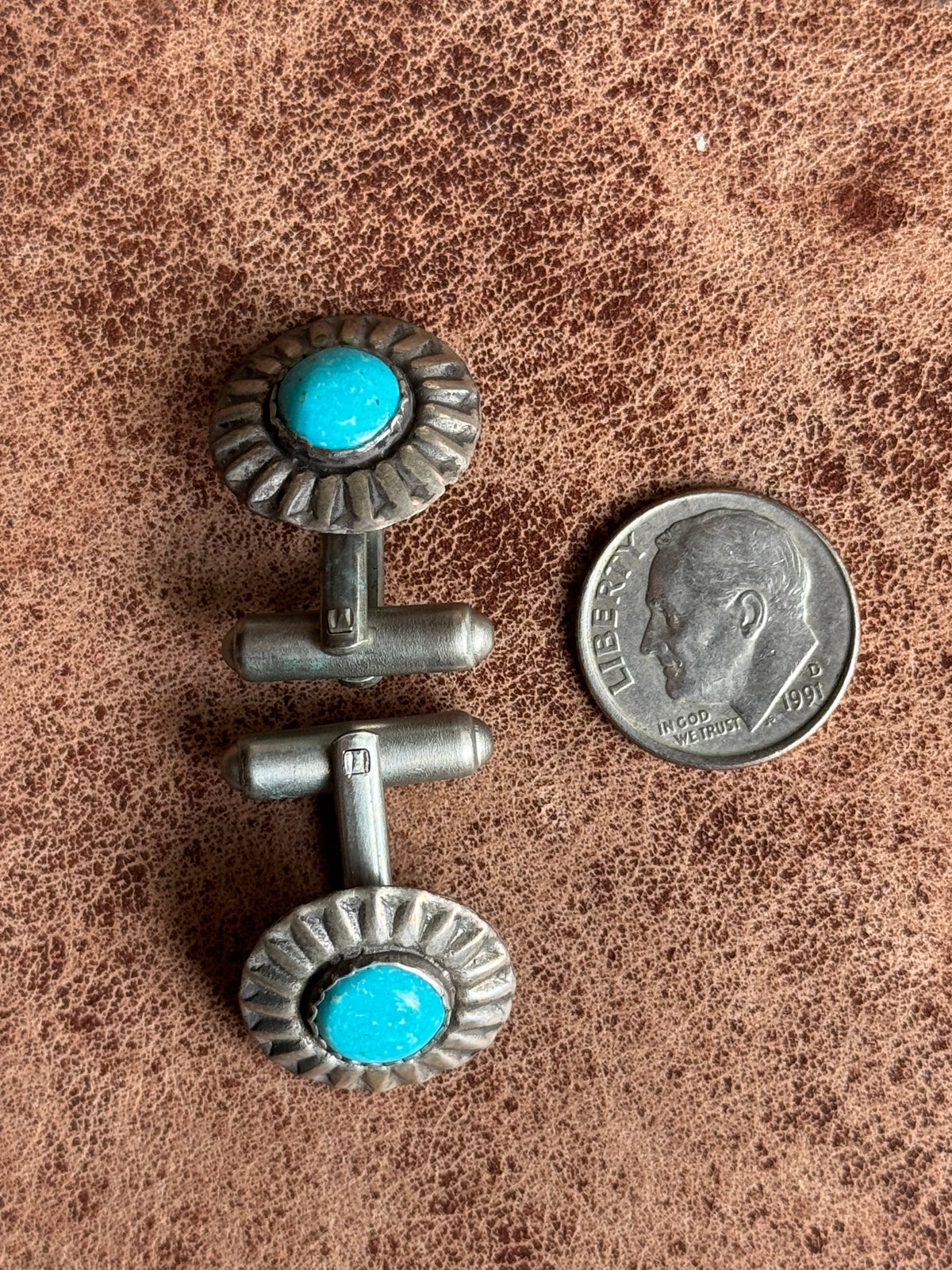 Vintage Sterling Silver Turquoise Concho Cufflinks