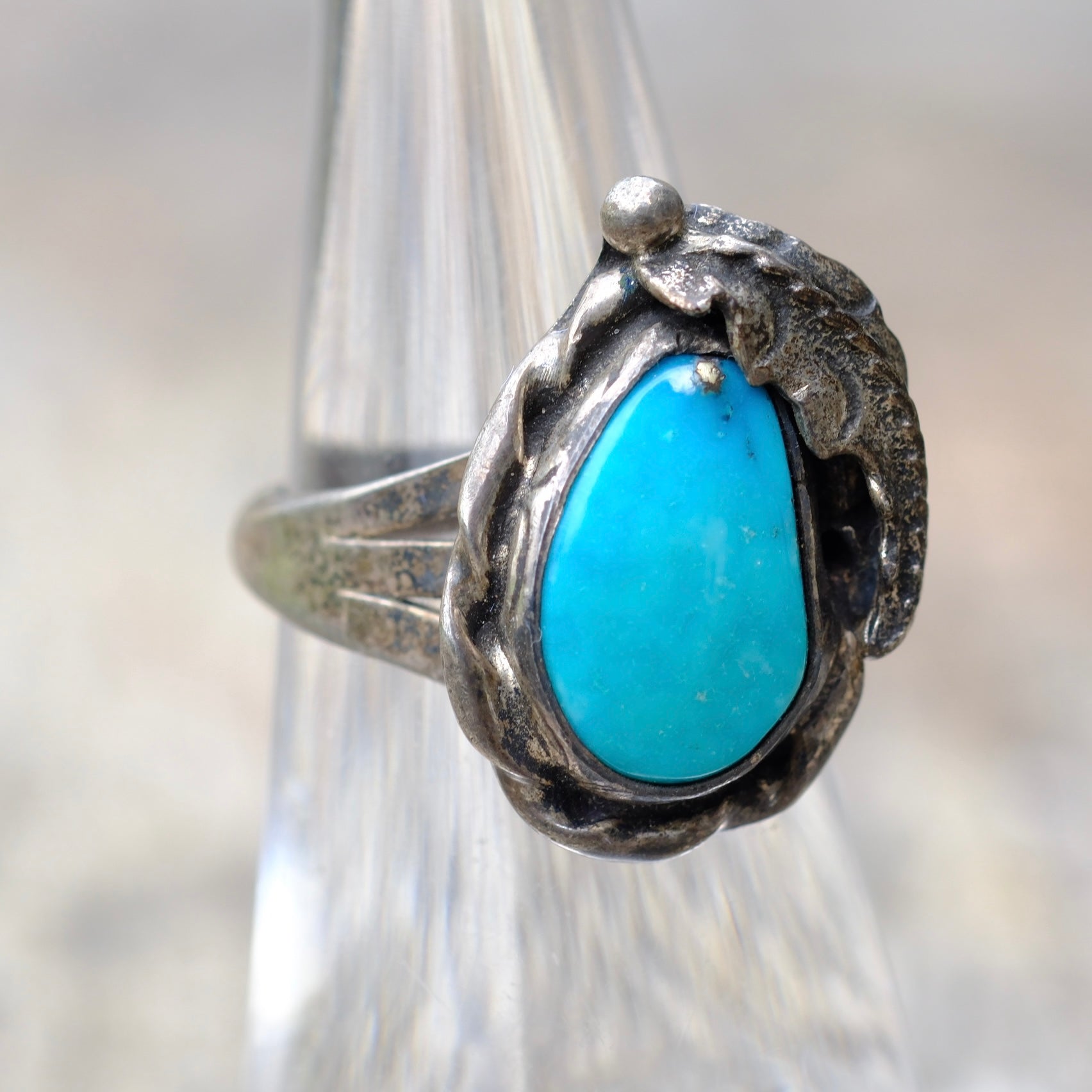 Vintage Sterling Turquoise Feather Ring 5