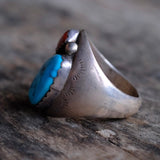 Vintage Sterling Turquoise and Coral Ring 10.5
