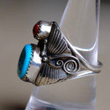 Vintage Sterling Turquoise and Coral Feather Ring 9.5