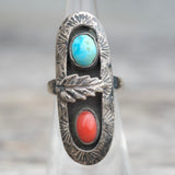 Vintage Sterling Turquoise and Coral Feather Ring 4