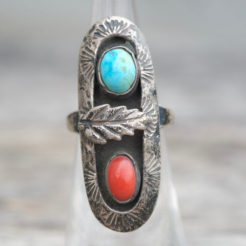 Vintage Sterling Turquoise and Coral Feather Ring 4