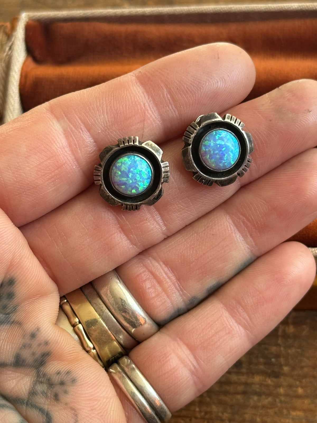 Vintage Sterling Silver Galaxy Opal Sawcut Earrings