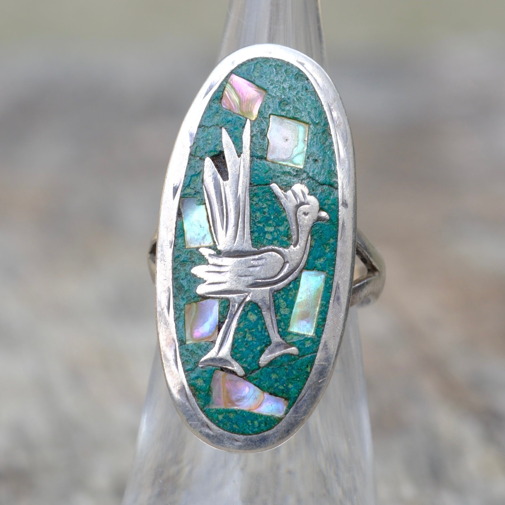 Vintage Sterling Turquoise and Abalone Roadrunner Ring 5