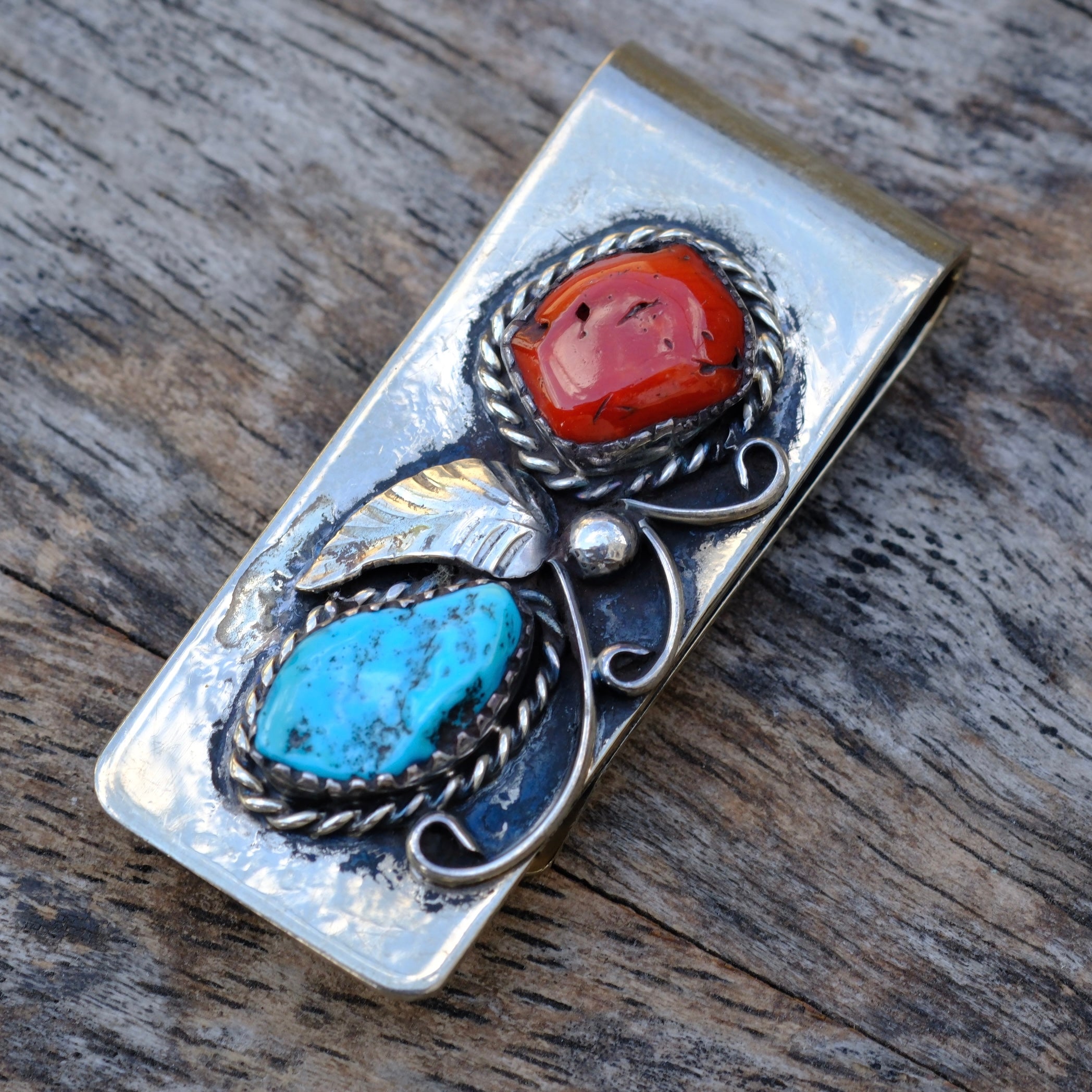 Vintage Turquoise and Coral Feather Money Clip
